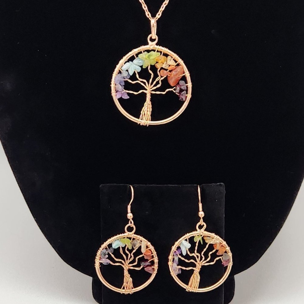 Tree Of Life Genuine Gemstones Pendant Necklace And Earrings #612 NWOT - Picture 3 of 11